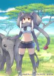  1girl african_elephant_(kemono_friends) akitsu_taira animal animal_ears apple arm_at_side belt brown_eyes company_name copyright crop_top cutoffs day elbow_gloves elephant elephant_ears elephant_tail extra_ears feet_out_of_frame food fruit gloves grey_hair hand_on_another&#039;s_head kemono_friends kneehighs midriff multicolored_hair navel necktie official_art open_mouth outdoors petting scarf shorts smile stomach tail two-tone_hair watermark white_hair 