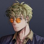  1boy akudama_drive alternate_hairstyle cco_chu facial_hair grey_background grey_eyes highres hoodlum_(akudama_drive) jewelry looking_at_viewer male_focus messy_hair necklace shirt single_earring solo striped striped_shirt stubble sunglasses vertical-striped_shirt vertical_stripes 