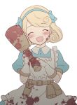  1girl :d apron blonde_hair blood blood_on_face blood_stain bloody_clothes bloody_weapon blue_dress blue_hairband blush calm_mashiro club dress farmer_(sekaiju) hairband holding holding_weapon open_mouth scissors sekaiju_no_meikyuu sekaiju_no_meikyuu_3 short_hair simple_background smile solo weapon white_background 