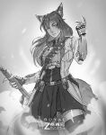  1girl absurdres animal_ears armor coat commission commissioner_upload highres long_hair monochrome original royal_(unit645) serious sketch skirt tagme tail thigh-highs weapon wolf_ears wolf_tail zsanjani 