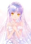  1girl absurdres angel_beats! bangs blush bridal_veil collarbone diadem dress earrings eyebrows_visible_through_hair hair_between_eyes highres jewelry looking_at_viewer na-ga official_art open_mouth ring shiny shiny_hair short_hair silver_hair simple_background sleeveless sleeveless_dress solo sparkle strapless strapless_dress tachibana_kanade veil wedding_dress wedding_ring white_background white_dress yellow_eyes 