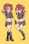  1girl black_footwear black_gloves black_legwear black_shirt black_shorts boots breasts fingerless_gloves gloves green_eyes medium_breasts midriff multiple_views navel octarian octoling redhead shirt short_shorts short_sleeves shorts simple_background socks splatoon_(series) suction_cups tentacle_hair yellow_background yuta_agc 