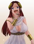  1girl absurdres blue_eyes breasts brown_hair commission commissioner_upload dress gold highres kikaia large_breasts laughing long_hair ojou-sama_pose open_mouth original sleeveless sleeveless_dress smug solo tagme the_elder_scrolls 