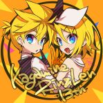  1boy 1girl anniversary bangs black_gloves black_vest blue_eyes bow character_name commentary dress earrings gloves hair_bow hair_ornament hairclip highres index_finger_raised jewelry kagamine_len kagamine_rin looking_at_viewer looking_back negi_(ulog&#039;be) open_mouth orange_gloves shirt smile spiky_hair swept_bangs upper_body vest vocaloid w white_bow white_dress white_shirt 