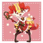  1girl :3 animal_ear_fluff animal_ears blush border bow bowtie braixen candy candy_cane christmas claws clothed_pokemon commentary dress fangs flat_chest food fox_ears fox_girl fox_tail full_body fur-trimmed_dress fur_collar fur_trim furry gen_6_pokemon gloves green_bow green_neckwear hair_bow hands_up happy highres holding jpeg_artifacts ktyon3 open_mouth outline outside_border paws pigeon-toed pink_background pokemon pokemon_(creature) pom_pom_(clothes) red_dress red_eyes red_gloves short_dress simple_background smile solo standing star_(symbol) striped striped_bow tail tongue white_border white_outline 
