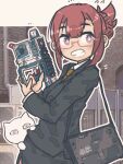  1girl bag bangs black_skirt bright_pupils brown_neckwear cat clenched_teeth eyebrows_visible_through_hair formal glasses gun hair_behind_ear hair_bun handbag highres holding holding_gun holding_weapon ikezworks necktie scp_foundation skirt solo suit teeth violet_eyes weapon white_eyes white_pupils 