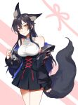  1girl absurdres animal_ear_fluff animal_ears bare_shoulders black_jacket black_skirt blush borrowed_character breasts buttoniris closed_mouth commentary english_commentary extra_ears fox_ears fox_tail head_tilt high-waist_skirt highres jacket large_breasts legs_together long_hair looking_at_viewer off_shoulder open_clothes open_jacket orange_eyes original shirt skirt sleeveless sleeveless_shirt smile solo standing tail yoru_(character) 