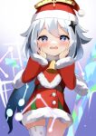  1girl absurdres asymmetrical_legwear blue_eyes blush cape capelet christmas dress genshin_impact hair_between_eyes halo hands_on_own_face hat highres long_sleeves looking_at_viewer paimon_(genshin_impact) santa_dress santa_hat short_hair sparkle wavy_mouth white_hair white_legwear zeref_(user_uttv3537) 