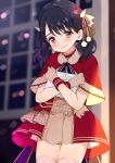  1girl absurdres black_hair blurry blurry_background blush capelet commentary_request dress fukumaru_koito gift hair_bobbles hair_ornament hair_ribbon highres holding holding_gift hug idolmaster idolmaster_shiny_colors looking_at_viewer miniskirt monon_tulle red_dress ribbon short_dress skirt solo thigh-highs twintails violet_eyes white_legwear wrist_cuffs zettai_ryouiki 