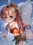  1girl bare_shoulders blue_eyes brown_hair clouds dress fairy fairy_wings flying green_dress han_seol highres long_hair magic original outstretched_hand ponytail short_dress sky smile solo strapless strapless_dress very_long_hair wings 