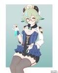  1girl absurdres animal_ears beret black_legwear blue_dress blush breasts cat_ears dress genshin_impact glasses gloves gold_trim green_hair hat highres korial long_hair long_sleeves looking_at_viewer multicolored_hair orange_eyes ponytail semi-rimless_eyewear solo sucrose_(genshin_impact) thigh-highs vision_(genshin_impact) 