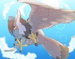  blue_eyes clouds commentary_request day from_below gen_4_pokemon highres looking_at_viewer no_humans open_mouth outdoors pokemon pokemon_(creature) qua sky solo staraptor talons 