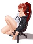  1girl absurdres barefoot chair commentary cosplay feet gaming_chair green_eyes highres hololive jewelry kairunoburogu legs looking_at_viewer looking_up ookami_mio ookami_mio_(cosplay) original redhead ring shadow short_hair simple_background sitting smile solo thighs toes white_background 