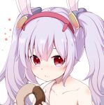  1girl :t animal_ears azur_lane bangs bare_shoulders blush closed_mouth collarbone commentary_request doughnut eyebrows_behind_hair food food_on_face grey_hair hair_between_eyes hairband hands_up highres holding holding_food jacket laffey_(azur_lane) long_hair nail_polish off_shoulder open_clothes open_jacket pink_jacket pink_nails rabbit_ears red_eyes red_hairband simple_background solo takara_akihito twintails upper_body white_background 