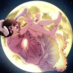  1girl animal_ears bangs bare_legs barefoot black_hair bloomers blush brown_eyes bunny_tail closed_mouth commentary_request dress feet floppy_ears frilled_dress frilled_sleeves frills from_side full_body full_moon glowing inaba_tewi looking_at_viewer looking_to_the_side mokoiscat moon moonlight night night_sky open_hands outstretched_arms outstretched_hand pink_dress puffy_short_sleeves puffy_sleeves rabbit_ears short_hair short_sleeves signature sky smile solo spread_fingers star_(sky) starry_background starry_sky tail touhou underwear upskirt wavy_hair 
