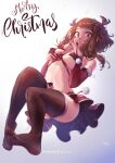  1girl antlers black_bra black_legwear black_panties boku_no_hero_academia bra breasts brown_eyes brown_hair christmas commentary_request detached_sleeves fake_antlers full_body hair_ornament large_breasts legs looking_at_viewer merry_christmas mitsu_(mitsu_art) mixed-language_commentary nail_polish navel panties patreon_username red_nails red_ribbon red_skirt ribbon short_hair skirt solo thigh-highs underwear uraraka_ochako 