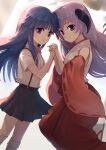  2girls blue_hair closed_mouth collared_shirt detached_sleeves eyebrows_visible_through_hair furude_rika hanyuu higurashi_no_naku_koro_ni holding_hands horns japanese_clothes long_hair long_sleeves miko multiple_girls nayu_(mcpt8738) pants pink_ribbon pleated_skirt purple_hair red_pants red_sleeves ribbon shirt short_sleeves skirt smile socks suspender_skirt suspenders violet_eyes white_legwear white_shirt wide_sleeves 