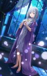  1girl :d bangs black_dress blunt_bangs blush curtains detached_collar dress dutch_angle emilia_(re:zero) eyebrows_visible_through_hair full_body hair_over_shoulder highres indoors long_hair looking_at_viewer low-tied_long_hair moon night nightgown official_art open_mouth pumps purple_footwear re:zero_kara_hajimeru_isekai_seikatsu shiny shiny_hair silver_hair smile solo standing very_long_hair violet_eyes 