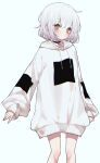  1girl :| black_choker blush choker closed_eyes closed_mouth expressionless eyebrows_visible_through_hair green_eyes highres hood hood_down hoodie light_blue_background long_sleeves mimelond original oversized_clothes sleeves_past_wrists visible_ears white_hair white_hoodie 