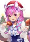  1girl ^^^ anchor_hair_ornament anchor_symbol animal_ear_fluff animal_ears bangs blue_bow blue_hair blue_hairband blue_ribbon blue_sailor_collar blue_skirt blurry blurry_background blush bow braid breasts cat_ears cat_girl cat_tail chicken_leg christmas christmas_ornaments christmas_tree commentary_request depth_of_field eyebrows_visible_through_hair eyewear_on_head food frilled_sailor_collar fur-trimmed_headwear grey-framed_eyewear hair_ornament hair_over_shoulder hairband hands_up hat heart heart-shaped_eyewear high-waist_skirt highres holding holding_food hololive jacket long_hair long_sleeves looking_at_viewer medium_breasts minato_aqua multicolored_hair nail_polish open_clothes open_jacket open_mouth pink_hair red_headwear ribbon sailor_collar santa_hat shirt skirt solo sweat tail tail_ornament tail_ribbon tokoshibyra twin_braids two-tone_hair violet_eyes virtual_youtuber white_jacket white_shirt 