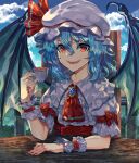  1girl absurdres arms_on_table blue_hair bow brooch center_frills clouds collared_shirt commentary creeper_(gametime) cup eyebrows_visible_through_hair fangs frilled_shirt_collar frills hat hat_ribbon highres holding holding_cup jewelry mob_cap open_mouth red_bow red_eyes red_neckwear red_ribbon remilia_scarlet ribbon shirt short_sleeves sitting sky solo table teacup touhou white_headwear white_shirt wings wrist_cuffs 