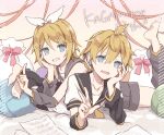  1boy 1girl anniversary arm_rest arm_warmers bangs bare_shoulders barefoot black_collar black_shorts blonde_hair blue_eyes bow character_name collar feet_up gift_bag grey_collar grey_shorts grin hair_bow hair_ornament hairclip hand_on_own_cheek hand_on_own_face kagamine_len kagamine_rin leg_warmers looking_at_viewer lying necktie on_stomach open_mouth paper red_ribbon ribbon sailor_collar school_uniform sheet_music shirt short_hair short_ponytail short_shorts short_sleeves shorts smile spiky_hair swept_bangs utaori vocaloid white_bow white_shirt yellow_neckwear 