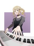  1girl bang_dream! bangs black_collar black_shirt blonde_hair collar hair_ornament hairclip highres ichigaya_arisa instrument keyboard_(instrument) long_hair long_sleeves open_mouth purple_background shirt smile solo twintails upper_body yasou0049 yellow_eyes 