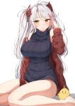  1girl :o absurdres azur_lane bangs black_sweater blush breasts brown_eyes brown_jacket eyebrows_visible_through_hair hair_between_eyes hand_up headgear highres jacket large_breasts long_hair long_sleeves looking_at_viewer moyoron multicolored_hair off_shoulder open_clothes open_jacket parted_bangs parted_lips prinz_eugen_(azur_lane) redhead simple_background sitting sleeveless sleeveless_sweater sleeveless_turtleneck solo streaked_hair sweater turtleneck turtleneck_sweater two_side_up very_long_hair white_background white_hair 