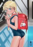  1girl absurdres ass backpack bag blonde_hair blue_eyes blue_swimsuit blurry commentary_request cowboy_shot dark_skin dated depth_of_field glasses highres indoors long_hair looking_at_viewer low_twintails nanja original pool randoseru rei_no_pool school_swimsuit solo standing swimsuit tan translation_request twintails v 