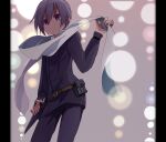  1girl adjusting_scarf androgynous bangs belt belt_pouch black_hair black_jacket black_pants blurry bokeh brown_belt commentary cowboy_shot depth_of_field dress_shirt expressionless grey_background hair_between_eyes hand_on_hip holster holstered_weapon jacket kino_(kino_no_tabi) kino_no_tabi looking_ahead making-of_available pants pillarboxed pouch scarf shirt solo souku_choshin standing thigh_gap tomboy violet_eyes weapon white_shirt 