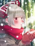  1girl alternate_costume bangs blunt_bangs blurry blurry_background blush bow breath coat commentary_request eyebrows_visible_through_hair from_side fujiwara_no_mokou gloves grey_coat grey_hair hair_bow half_updo hands_up highres hime_cut knit_gloves knitting long_hair mittens mokoiscat nose_blush ofuda open_mouth own_hands_together portrait red_bow red_eyes red_gloves red_scarf scarf sidelocks signature silver_hair snow snowing solo touhou two-tone_bow white_bow winter winter_clothes 