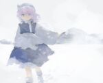  1girl apron blue_dress boots commentary_request dress eyebrows_behind_hair feet_out_of_frame hat kaigen_1025 letty_whiterock light_purple_hair mob_cap mountain short_hair simple_background snowing solo touhou triangular_headpiece violet_eyes white_apron white_background white_footwear white_headwear 