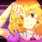  1girl alcohol apple blonde_hair bow cup dateless_bar_&quot;old_adam&quot; drink earrings english_text food frilled_shirt_collar frills fruit head_only highres holding holding_cup jewelry looking_at_viewer maribel_hearn minus_(sr_mineka) puffy_short_sleeves puffy_sleeves purple_shirt shirt short_hair short_sleeves torso_only yellow_eyes 