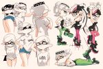  +_+ 2girls bare_shoulders black_dress black_footwear black_hair black_jumpsuit blue_shorts callie_(splatoon) closed_eyes cousins detached_collar domino_mask dress earrings food food_on_head green_legwear jewelry marie_(splatoon) mask mole mole_under_eye multiple_girls multiple_views object_on_head pantyhose pink_legwear pointy_ears print_shirt shirt shoes short_jumpsuit short_shorts short_sleeves shorts splatoon_(series) suction_cups tentacle_hair upshirt white_hair white_shirt yellow_eyes yuta_agc 