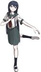  1girl ballet bangs black_legwear blue_eyes blue_hair blush dangan_ronpa:_trigger_happy_havoc dangan_ronpa_(series) flats full_body grin hair_ornament hairclip highres kneehighs leg_up long_hair maizono_sayaka neckerchief pleated_skirt pose red_neckwear renshu_usodayo sailor_collar school_uniform serafuku short_sleeves simple_background skirt smile solo standing standing_on_one_leg white_background 