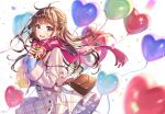  1girl :d bag balloon belt_buckle blush box brown_eyes brown_hair buckle casual commentary_request confetti cowboy_shot floating_hair from_side gift handbag heart heart-shaped_box heart_balloon highres holding holding_gift jacket long_sleeves looking_at_viewer looking_to_the_side morikura_en one_side_up open_clothes open_jacket open_mouth original pink_jacket pink_scarf pink_skirt plaid plaid_skirt scarf shoulder_bag signature simple_background skirt sleeves_past_wrists smile solo white_background wind 