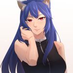  1girl absurdres animal_ears bangs blue_hair breasts commission commissioner_upload hand_in_hair highres kikaia long_hair original red_eyes royal_(unit645) shirt sleeveless sleeveless_shirt smile solo tagme wolf_ears 