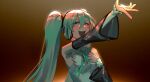  1girl :d bare_shoulders blue_eyes blue_hair blush brown_background buttoniris detached_sleeves fingernails green_nails green_neckwear green_ribbon hair_between_eyes hand_on_own_chest hand_up hatsune_miku headphones highres long_sleeves nail_polish neck_ribbon open_mouth outstretched_arm ribbon round_teeth shirt sleeveless sleeveless_shirt smile solo teeth twintails upper_body upper_teeth vocaloid wide_sleeves 