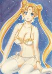  1girl bishoujo_senshi_sailor_moon blonde_hair blue_eyes blush bracelet closed_mouth colored_skin earrings floating_hair highres jewelry long_hair princess_serenity sailor_moon smile solo solo_focus space star_(sky) thigh-highs tsukino_usagi twintails underwear very_long_hair white_skin 
