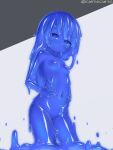  1girl blue_eyes blue_hair blue_skin blue_slime blush breasts closed_mouth colored_skin completely_nude cowboy_shot curss dot_mouth dot_nose highres long_hair looking_at_viewer monster_girl navel nude original slime_girl small_breasts solo twitter_username 