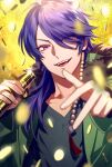  1boy :d arisugawa_dice bangs black_shirt blurry_foreground coin fur_trim glint green_jacket hair_over_one_eye hands_up highres holding holding_microphone hypnosis_mic jacket kazari_tayu long_sleeves looking_at_viewer male_focus microphone open_mouth parted_bangs pink_eyes purple_hair shirt smile solo yellow_background 
