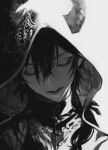  1boy au_(d_elite) bangs closed_eyes closed_mouth commentary_request eyebrows_visible_through_hair face facing_viewer hair_between_eyes hood hood_up jacket lips male_focus malleus_draconia medium_hair monochrome portrait solo twisted_wonderland 