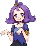  1girl :3 acerola_(pokemon) armlet blush collarbone commentary dress eyelashes gyunre hair_ornament hands_up highres looking_at_viewer open_mouth pokemon pokemon_(game) pokemon_sm purple_hair short_hair short_sleeves smile solo stitches tongue topknot violet_eyes 