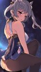  1girl ass bare_arms bare_shoulders blush breasts brown_legwear commentary_request genshin_impact highres keqing_(genshin_impact) long_hair looking_at_viewer looking_back medium_breasts night night_sky pantyhose parted_lips purple_hair sitting sky solo star_(sky) starry_sky sweat twintails venomrobo violet_eyes 