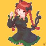  1girl :3 animal_ear_fluff animal_ears bangs black_bow black_dress blunt_bangs blush bow braid bright_pupils cat_ears cat_tail dress eyebrows_visible_through_hair fang hair_bow head_tilt highres juliet_sleeves kaenbyou_rin kneeling long_hair long_sleeves looking_at_viewer multiple_tails nekomata orange_background outline parted_lips paw_pose puffy_sleeves red_eyes redhead sidelocks signature simple_background solo tail touhou twin_braids twintails two_tails white_outline white_pupils zanasta0810 