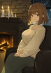  absurdres blush breasts brick_wall brown_hair candle candle_wax chair collarbone eyebrows_visible_through_hair fireplace girls_frontline grizzly_mkv_(girls_frontline) hair_intakes hands_on_lap highres jewelry large_breasts long_sleeves open_mouth ring romana short_hair sitting skirt sleeves_past_wrists smile snow sweater teeth thick_eyebrows violet_eyes window 