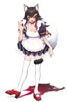  1girl :3 :d alternate_costume animal_ear_fluff animal_ears apron bell black_hair blush brown_eyes collar enmaided full_body hair_ornament highres hololive jingle_bell long_hair looking_at_viewer maid mikan_(chipstar182) multicolored_hair ookami_mio open_mouth red_footwear redhead simple_background smile solo standing streaked_hair tail tail_around_leg thigh-highs very_long_hair virtual_youtuber white_background white_hair white_legwear wolf_ears wolf_girl wolf_tail 