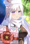  1girl azur_lane box breasts coat earmuffs enterprise_(azur_lane) enterprise_(reindeer_master)_(azur_lane) eyebrows_visible_through_hair gift gift_box giving highres holding holding_gift large_breasts long_hair looking_at_viewer maroonabyss merry_christmas night presenting santa_costume scarf silver_hair solo very_long_hair violet_eyes white_coat white_santa_costume white_scarf winter_clothes 