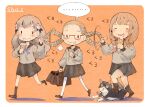  3girls :t =3 animal artist_name bag bangs black_legwear black_skirt blonde_hair blush braid cat closed_eyes closed_mouth eating food food_on_face fuyusaka_iori glasses grey_hair hair_ornament highres ice_cream ice_cream_cone juusan_kihei_bouei_ken kisaragi_tomi kneehighs light_brown_hair long_hair long_sleeves multiple_girls pantyhose playing_with_another&#039;s_hair pleated_skirt purple_neckwear red-framed_eyewear sailor_collar sawatari_miwako school_bag school_uniform serafuku shippou_(juusan_kihei_bouei_ken) sho.t simple_background skirt smile tongue twin_braids walking white_legwear 