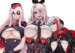  3girls :d :o ;o admiral_graf_spee_(azur_lane) anchor_symbol azur_lane bangs bare_shoulders black_dress black_eyepatch black_gloves black_hairband black_neckwear black_skirt blue_eyes breasts clothing_cutout collared_shirt commentary_request crop_top dress eyebrows_visible_through_hair eyepatch eyes_visible_through_hair garrison_cap gloves hair_between_eyes hair_over_one_eye hairband hand_on_another&#039;s_head hand_on_another&#039;s_shoulder hat height_difference high-waist_skirt highres iron_blood_(emblem) iron_cross jacket large_breasts long_hair long_sleeves looking_at_another looking_at_viewer marshall_k medium_breasts mole mole_under_eye multicolored multicolored_clothes multicolored_hair multicolored_jacket multiple_girls necktie neckwear_between_breasts o-ring one_eye_closed open_clothes open_jacket open_mouth parted_bangs pink_hair prinz_heinrich_(azur_lane) purple_jacket red_eyes red_scarf redhead ribbed_shirt scarf scharnhorst_(azur_lane) shirt short_hair short_sleeves sidelocks silver_hair simple_background skirt smile standing streaked_hair trait_connection under_boob underboob_cutout upper_body very_long_hair white_background white_shirt 